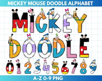 Mickey, Minnie, Daisy, Pluto, Goofy, Donald Doodle Alphabet Font Bundle | PNG Files | Sublimation Birthday Party Design, Digital Download