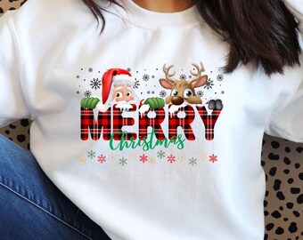Merry Christmas PNG, Plaid Santa and Reindeer Sublimation Design, Christmas Shirt Art, Holiday DIY Craft, Instant Download