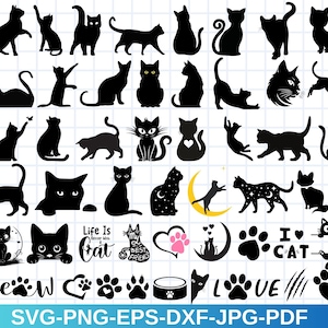 May include: A collection of black cat silhouette illustrations, including paw prints, hearts, and the words "Meow", "Love", "Life is a Cat", "My Best Friend", and "I Cat".