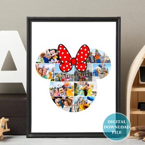 Può includere: Un collage digitale stampabile di foto a forma di testa di Minnie Mouse con un fiocco rosso con pois bianchi. Il collage è composto da 16 foto di persone e luoghi in un parco divertimenti.