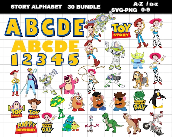 Toy Story SVG Clipart Bundle & Alphabet, Buzz Lightyear Woody Jessie PNG, Toy Story Cut Files for Cricut Silhouette, Instant Download PNG