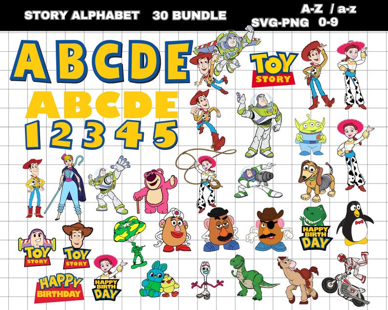 May include: A digital graphic bundle featuring characters and elements from the Toy Story franchise. Includes the alphabet, numbers, and various character illustrations such as Woody, Buzz Lightyear, and Jessie. The text "STORY ALPHABET 30 BUNDLE" is displayed at the top.