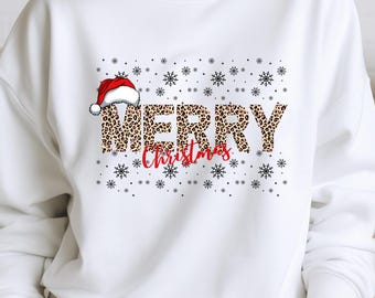 Merry Christmas Leopard Print PNG, Santa Hat Sublimation Design, Christmas Shirt Design, Holiday Craft Supplies, PNG Download