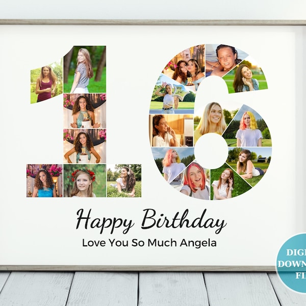 Custom 16th Birthday Photo Collage - 16th Anniversary Party Decoration - Picture Collage - 18 Pieces Inside Photos - Personalized Gift