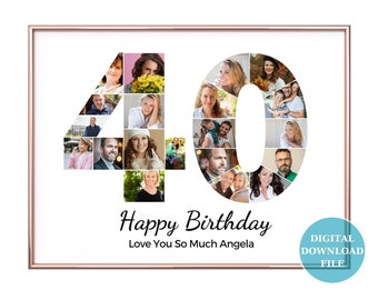 Décoration de fête pour 40e anniversaire - Collage de photos personnalisé pour 40e anniversaire - Collage de photos - 20 photos d'intérieur - Cadeau personnalisé