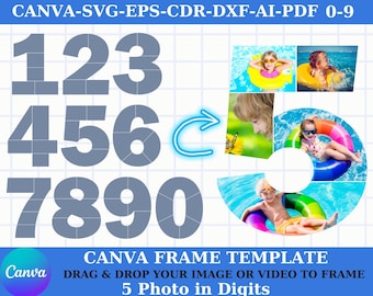 Collage de fotos de Canva con todos los dígitos, plantilla de marco, cumpleaños, aniversario Svg 0 1 2 3 4 5 6 7 8 9 Diseño de plantilla de collage Foto rellenable editable