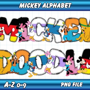 Op de afbeelding: Kleurrijk Mickey Mouse alfabet ontwerp met Mickey, Minnie, Donald, Daisy, Goofy en Pluto. De letters zijn zwart omlijnd met een gestikt effect. De afbeelding bevat de tekst "Mickey Alphabet" en "A-Z 0-9 PNG FILE."