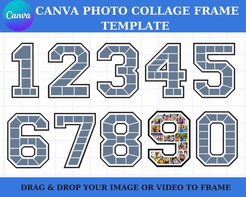May include: A collage frame template with ten numbered frames in the shape of large, outlined, gray numbers. The numbers are 1, 2, 3, 4, 5, 6, 7, 8, 9, and 0. The frame is designed to be used for photos or videos. The text "DRAG & DROP YOUR IMAGE OR VIDEO TO FRAME" is at the bottom of the image.