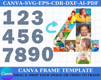Alle cijfers Canva fotocollage, lijstsjabloon, verjaardag, jubileum Svg 0 1 2 3 4 5 6 7 8 9 collage sjabloonontwerp fotovulling bewerkbaar