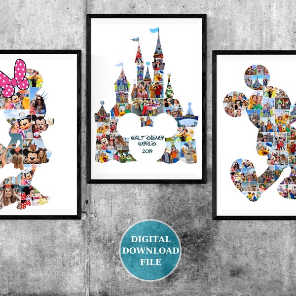 Mickey Minnie Disney Castle Magical Memories Trio: Customizable Collage Set Featuring Iconic Characters and Castles
