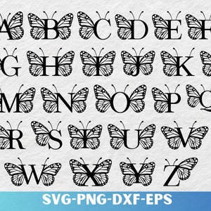 Alfabeto con marco de monograma, alfabeto con monograma de mariposa SVG, PNG, Eps, Dxf, archivo de corte para Cricut, Silhouette, 36 archivos de corte individuales