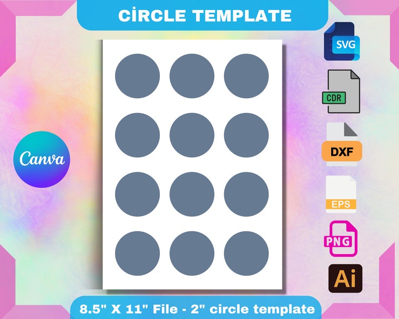 May include: A white sheet with nine 2-inch diameter circles, arranged in a 3x3 grid. The circles are gray and are for use as a template for crafting projects.