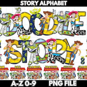 Paquete PNG del alfabeto de Toy Story / Letras y números para fiestas de cumpleaños / Etiquetas familiares / Diseño infantil de sublimación