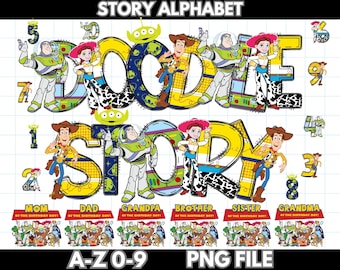 Toy Story Alphabet PNG Bundle | Doodle Letters & Numbers for Birthday Party | Family Tags Clipart | Sublimation Kids Design Pack