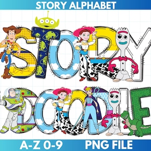 Paquete de fuentes del alfabeto de letras de doodle de Toy Story / Clipart de historia PNG / Alfabeto de doodle de historia / Diseño de fiesta de cumpleaños de sublimación, Toy Story Png