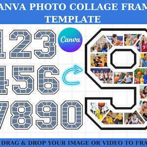 May include: A Canva photo collage frame template with a number 9 design. The frame is made up of 18 individual photo spaces, each with a black border. The frame is surrounded by a black border and the text "Canva" is visible in the top left corner.