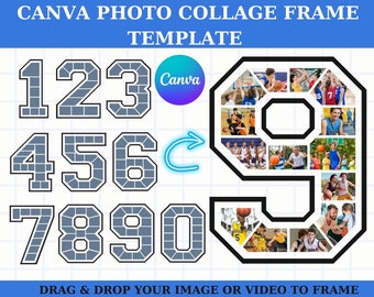 Alle cijfers Canva fotocollage, lijstsjabloon, verjaardag, jubileum 0 1 2 3 4 5 6 7 8 9 collagesjabloonontwerp fotovulling bewerkbaar