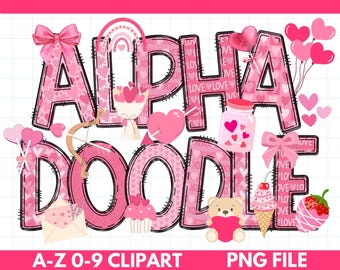 Valentine Doodle Letters, Valentine Alpha Doodle, Valentines Alphabet PNG, Valentines Day Clipart, Clip Art Alphabet Doodle letters Set PNG