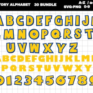 May include: A digital graphic featuring a yellow and blue alphabet, numbers, and the text "STORY ALPHABET 30 BUNDLE" and "SVG-PNG 0-9". The letters and numbers are in a bold, cartoon style, with a blue outline and yellow fill. The background is a grid.