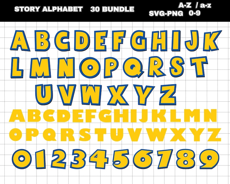 May include: A digital graphic featuring a yellow and blue alphabet, numbers, and the text "STORY ALPHABET 30 BUNDLE" and "SVG-PNG 0-9". The letters and numbers are in a bold, cartoon style, with a blue outline and yellow fill. The background is a grid.