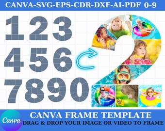 Collage de fotos de Canva con todos los dígitos, plantilla de marco, cumpleaños, aniversario Svg 0 1 2 3 4 5 6 7 8 9 Diseño de plantilla de collage Foto rellenable editable