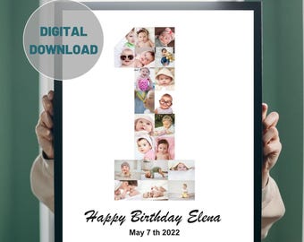 Number one First Birthday Collage Number Photo Collage Template First Birthday Digital Download Canva