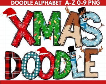 Alphabet de Noël Doodle PNG Clipart lettres de Noël chiffres Alphabet du père Noël PNG polices de Noël Joyeux Noël Doodle Clipart polices de Santa