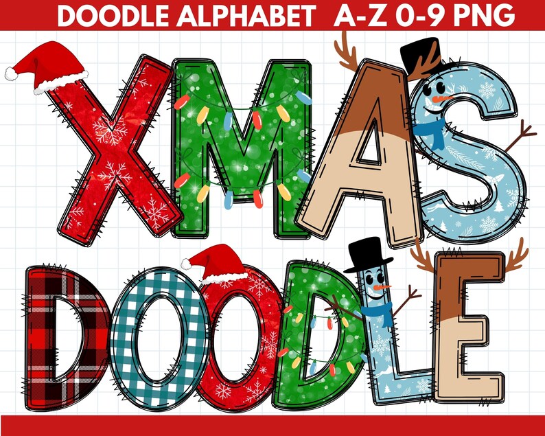 Christmas Doodle Alphabet PNG Christmas Letters Numbers Clipart Santa ...