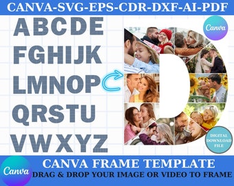Alfabet fotocollage Canva Frame sjabloon, A-Z verjaardag, jubileum, fotocollage Svg volledig bewerkbaar digitaal bestand