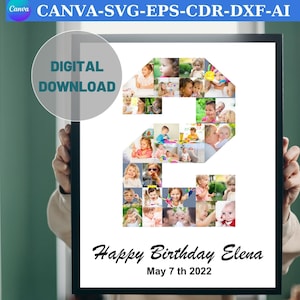 2 Year Birthday Photo Collage Number Photo Collage Template First Birthday Digital Download Canva Number Two