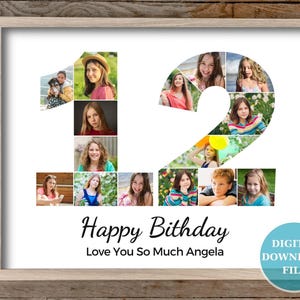 Plantilla de collage de fotos para el 12.º cumpleaños / Collage del número 12 / Regalo personalizado para ella / Decoración para el 12.º cumpleaños / Plantilla de Canva