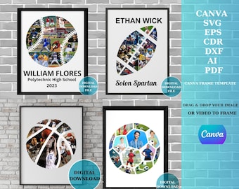 Aanpasbare honkbal, voetbal, rugby, basketbal fotocollage canva SVG-sjabloon - ontwerp digitale fotocollage