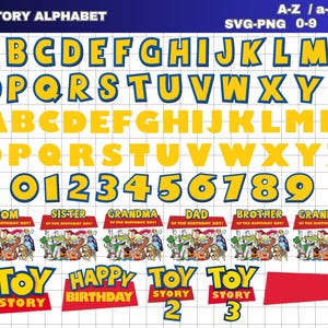 Toy Story Font SVG PNG – Toy Story Alphabet Letters and Numbers – Bonus Clipart and Phrases – Digital Download for Cricut – Toy Story Bundle