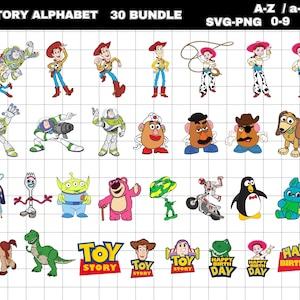 May include: A collection of colorful cartoon character illustrations from the "Toy Story" franchise. The image includes characters like Woody, Buzz Lightyear, and Jessie, along with the text "STORY ALPHABET 30 BUNDLE" and "A-Z / a-z SVG-PNG 0-9".