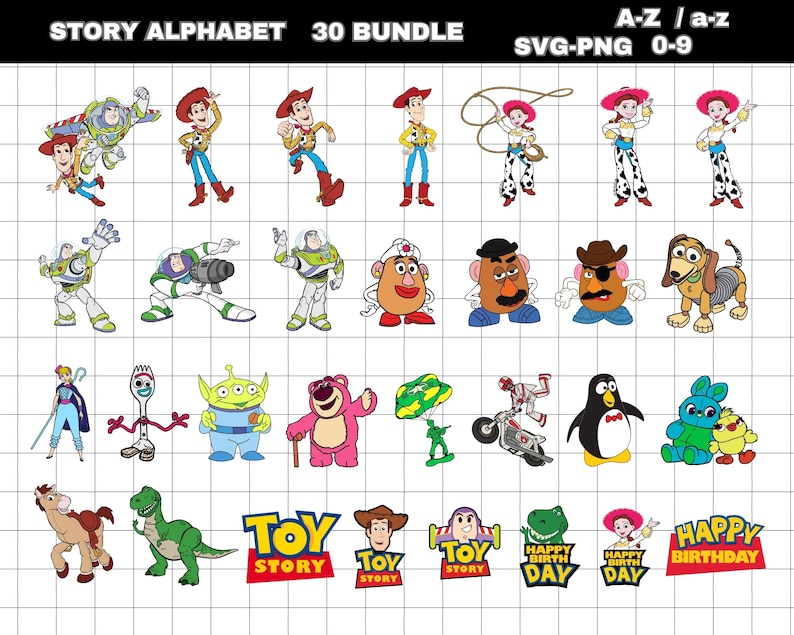 May include: A collection of colorful cartoon character illustrations from the "Toy Story" franchise. The image includes characters like Woody, Buzz Lightyear, and Jessie, along with the text "STORY ALPHABET 30 BUNDLE" and "A-Z / a-z SVG-PNG 0-9".