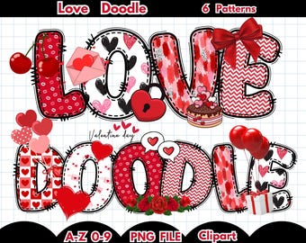 Valentine Doodle Letters, Valentine Alpha Doodle, Valentines Alphabet PNG, Valentines Day Clipart, Clip Art Alphabet Doodle letters Set PNG