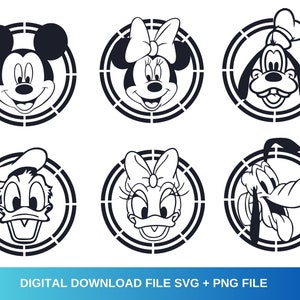 May include: Black and white illustrations of Mickey Mouse, Minnie Mouse, Donald Duck, and Goofy. Each character is in a circle with a black and white pattern.