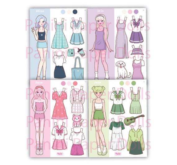 Paper doll fashion clothes set, cute anime girl for dress-up game