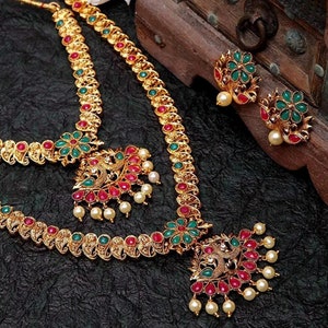 Ensemble de collier ras de cou temple long or antique finition mate, bijoux faits main, bijoux indiens, jhumka, jhumki, bijoux ethniques, cadeaux