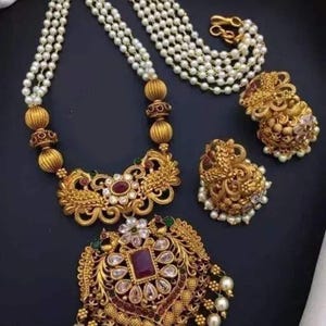 ロング ハラム 南インド ゴールド メッキ マット仕上げ ネックレス セット イヤリング付き 伝統的なインド ジュエリー パキスタン ジュエリー ギフト