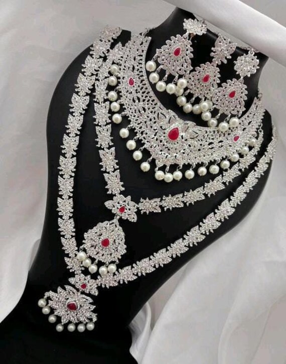 American Diamond Bridal Jewelry Set, Cubic Zirconia Neck Covering Wedding  Set, Silver Gemstone Jewelry Set, Silver Necklace Set With Tikka