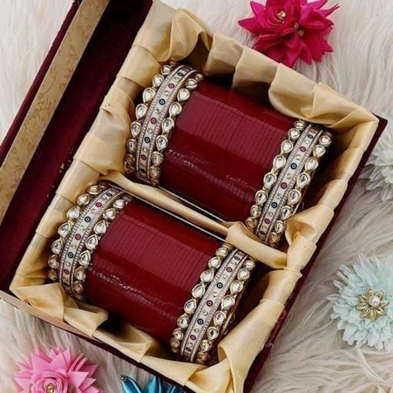 Beautiful Kundan Bangles/Indian Wedding Punjabi Chooda/Red Chura Bangles/  Bridal Punjabi Chura Wear Red and Golden Chura Set for Marriage