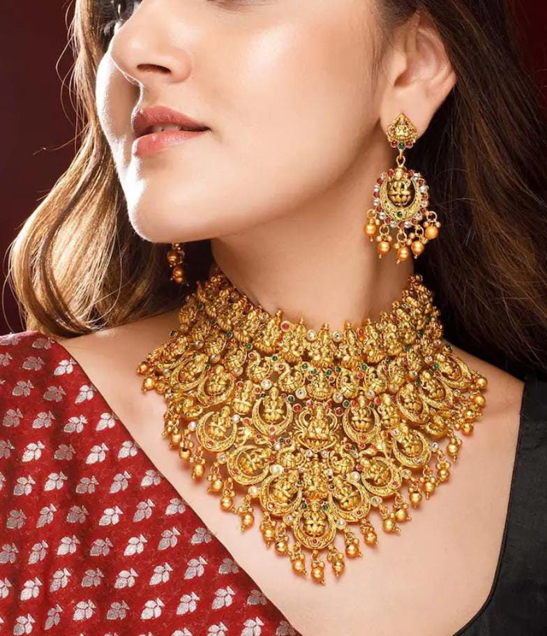 South Indian Gold Plated Temple Laxmi Bridal Choker Necklace Set