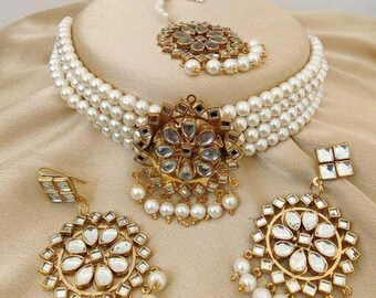Gold Necklace, Indian Gold Plated Kundan & Pearls Studded Wedding Jewelry Set, Initial Beautiful Pearls Gold Necklace For Women