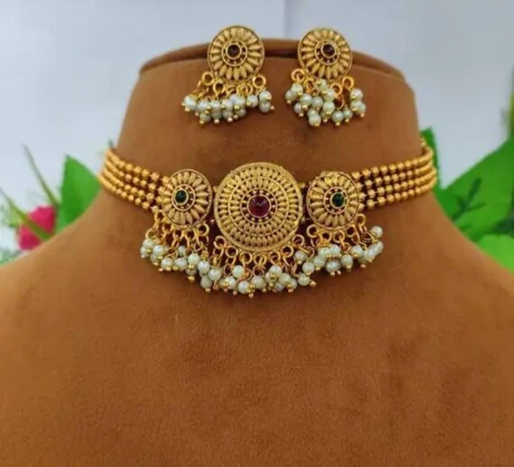 Ensemble De Bijoux Bollywood – Collier Ras Du Cou, Boucles, Charmes – Plaqué Or – Inde