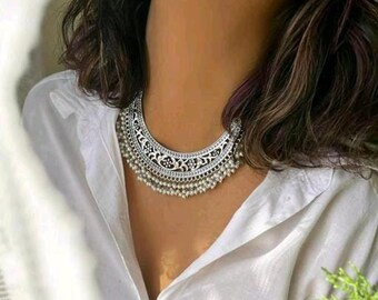 Indian Necklace Oxidized Beautiful Adjustable German Silver SLA Flexable German Silver Indian Choker Necklace Women, Fashion Stylish Jewelry