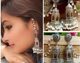 Indian Oxidized Temple Jhumka Earrings / German Silver Jhumka/ Afghani Jewelry/  Black polish Silver Earrings, Ghungroo Bollywood Jhumka