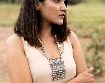 Beautiful Handmade Crafted Oxidised Silver Plated Long Statement Necklace Set, Traditional Afghani Boho Style Rustic Indian Ethnic Jewelry