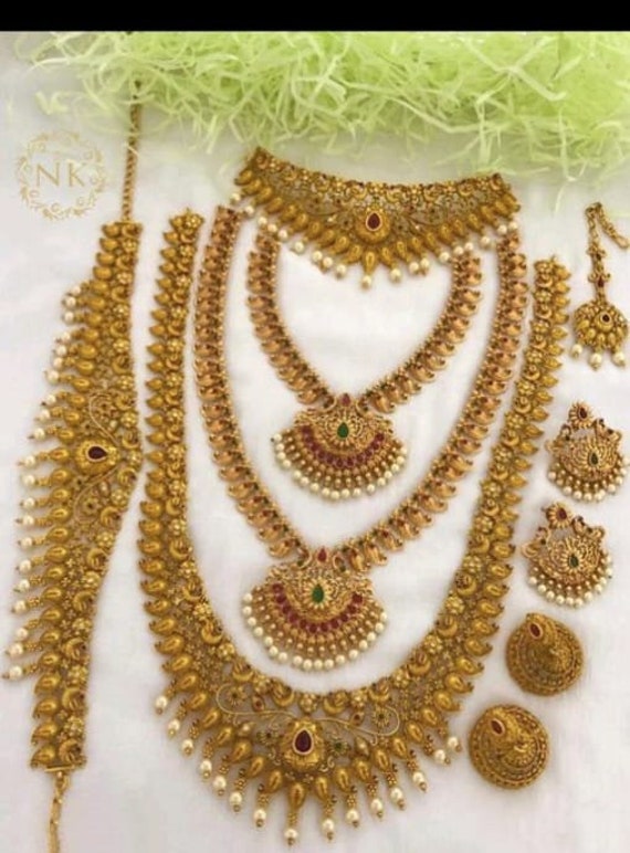 Heavy Bridal Pc Necklace With Waist Belt, Maangtikka, Earrings Choti Set,  Heavy Gold Plated Bridal Jewellery Set, South Indian Necklace