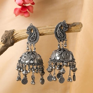 Navratri Ethnic Silver Oxidised Ghungroo Long Necklace Jewellery With Jhumka Earrings Set For Women/Girls